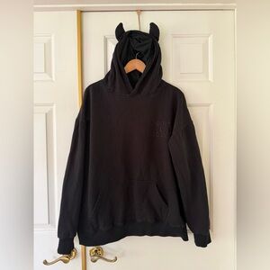 Men's Black Graphic Hoodie with Ear Details